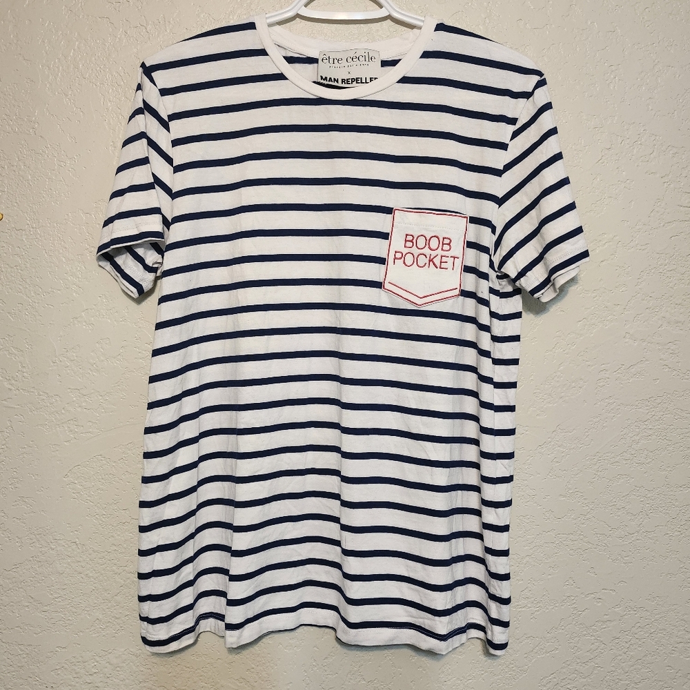ÊTRE CÉCILE X MAN REPELLER Collection  Striped Tee Boob Pocket Cotton Large